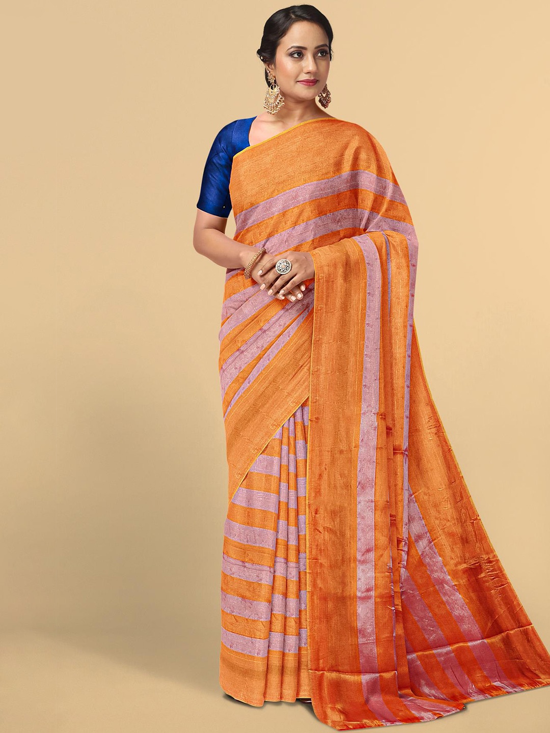 

Kalamandir Orange & Gold-Toned Striped Zari Tissue Saree