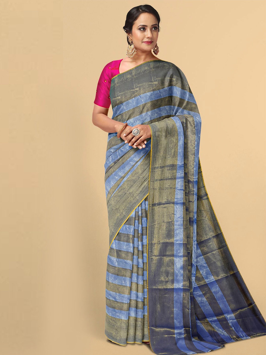 

Kalamandir Blue & Grey Striped Zari Tissue Saree