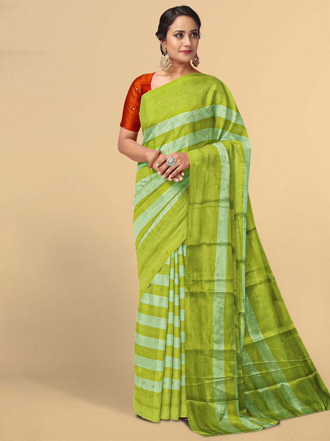 

Kalamandir Olive Green & Sea Green Striped Tissue Saree