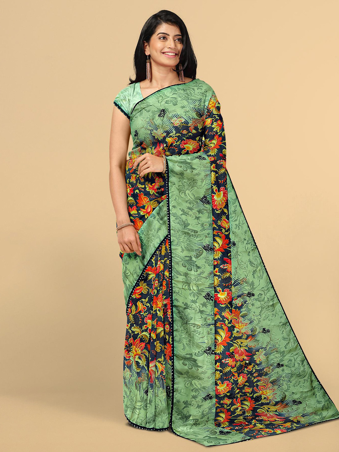 

Kalamandir Navy Blue & Orange Floral Silk Blend Saree