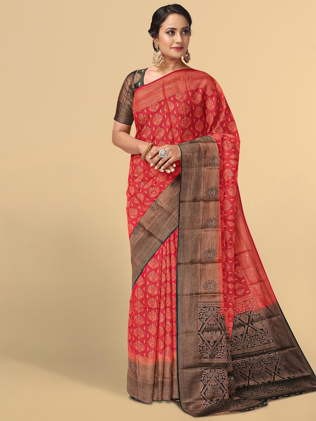 

Kalamandir Red & Brown Floral Zari Silk Blend Saree