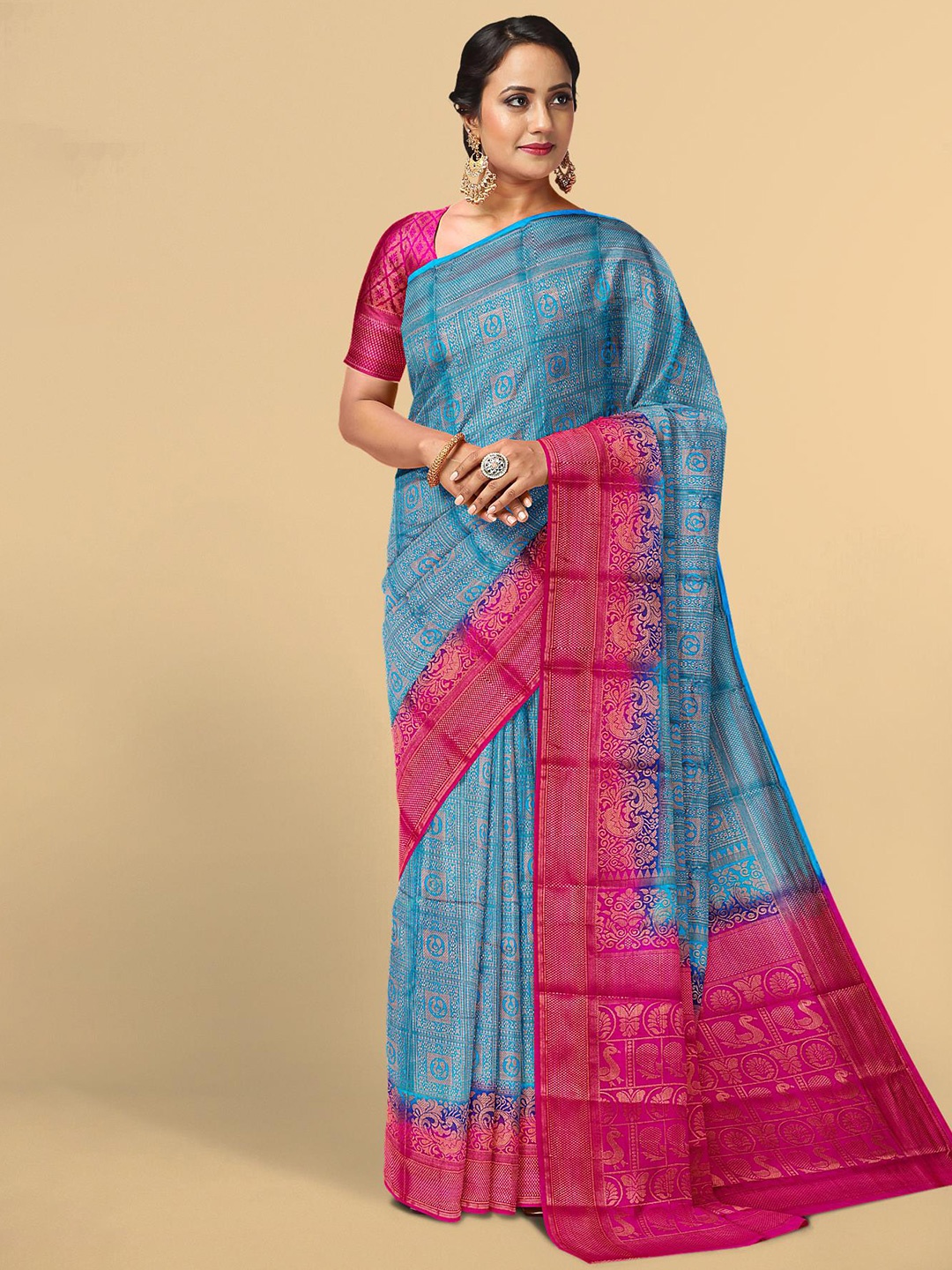 

Kalamandir Women Blue & Red Floral Silk Blend Saree