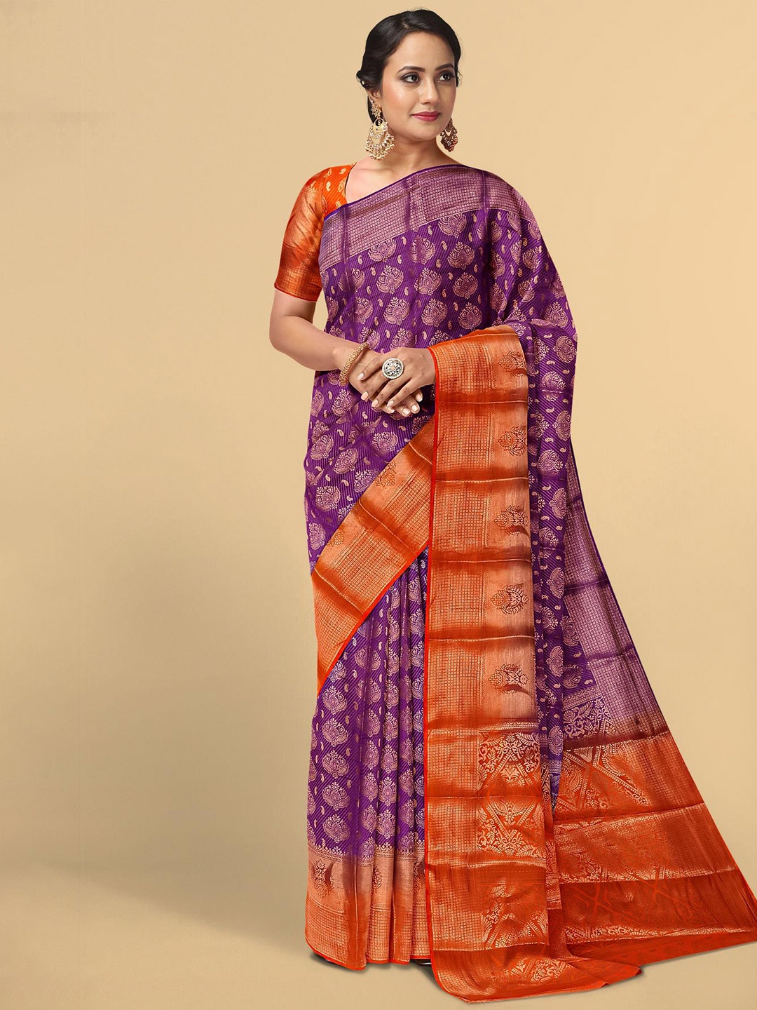

Kalamandir Women Purple & Orange Ethnic Motifs Zari Silk Blend Saree