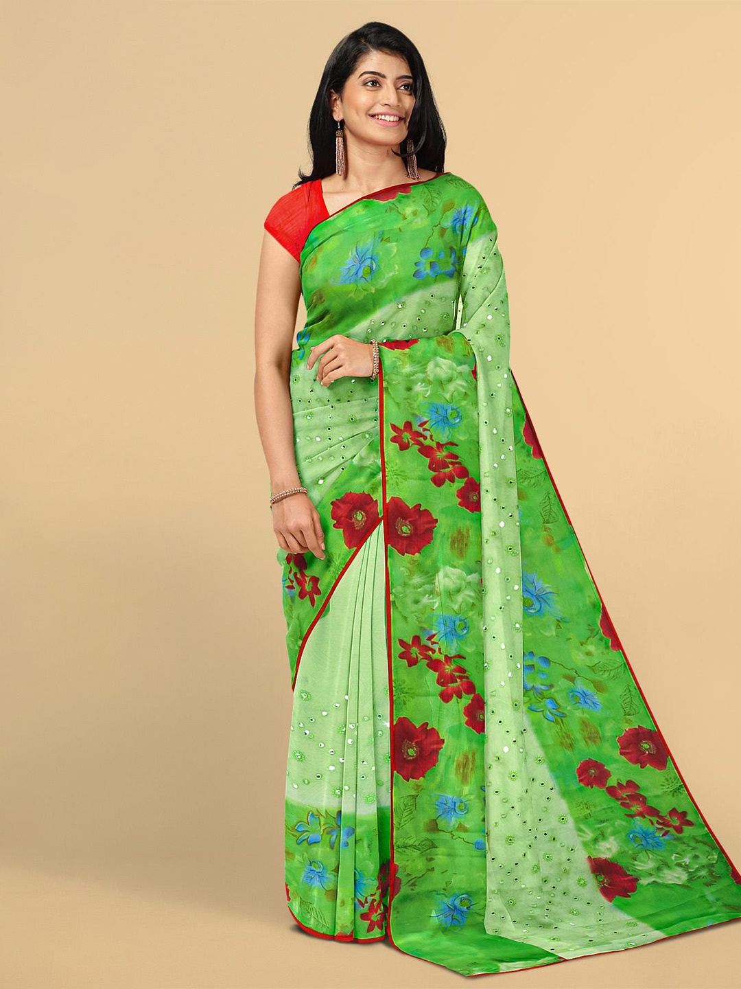 

Kalamandir Green & Red Floral Silk Blend Saree