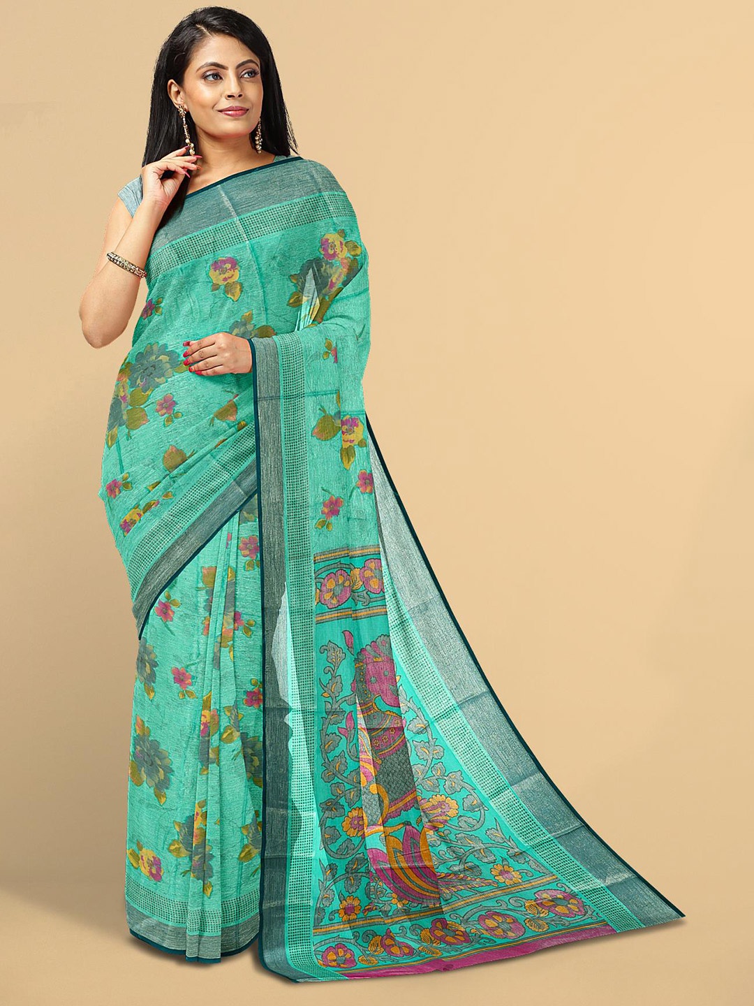 

Kalamandir Blue & Pink Floral Silk Blend Saree