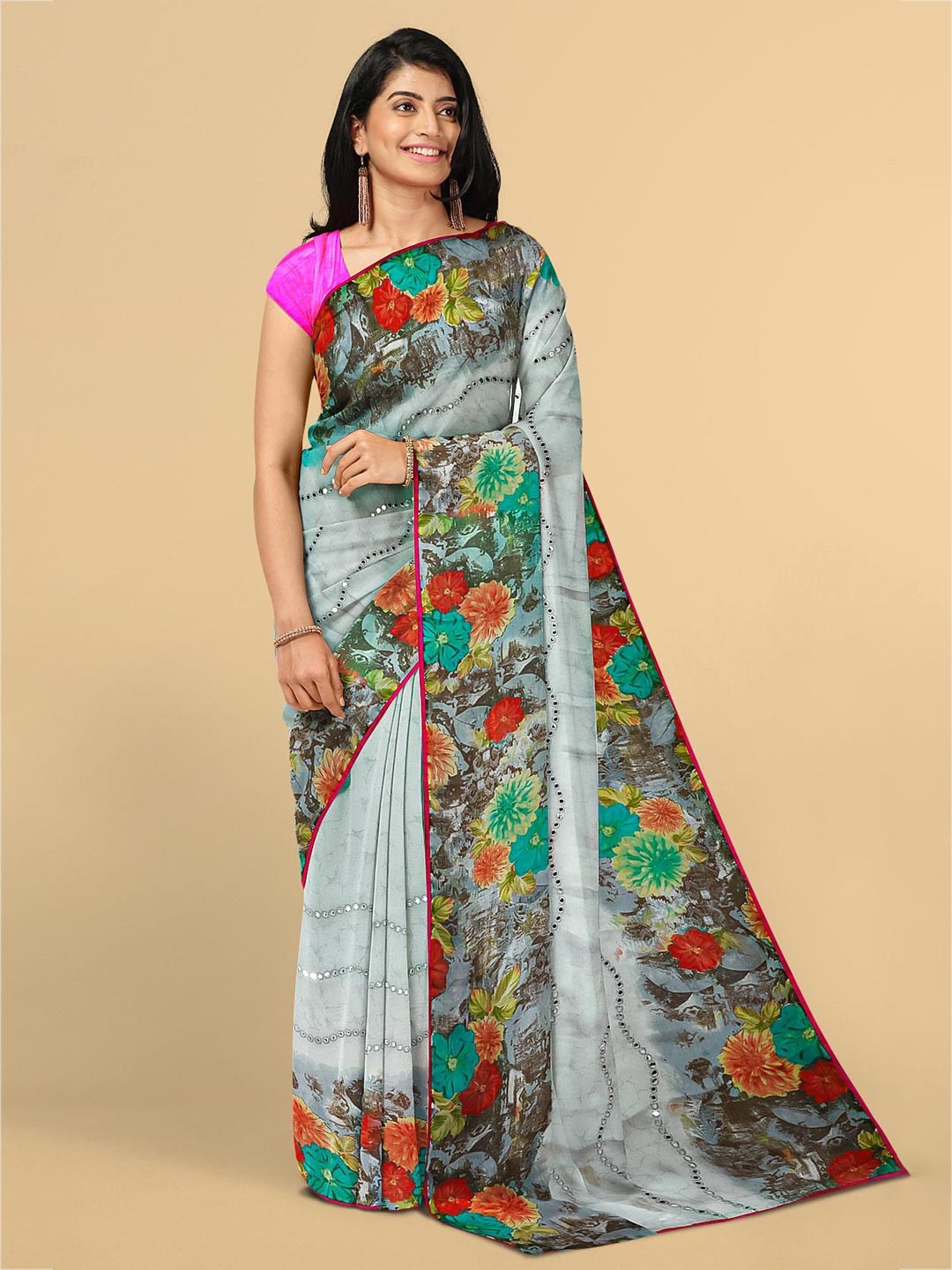 

Kalamandir Grey & Green Floral Silk Blend Saree