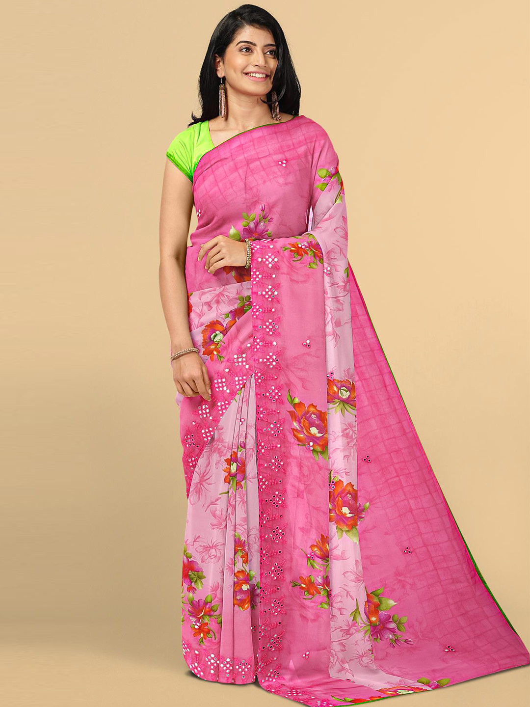

Kalamandir Pink & Red Floral Poly Georgette Embroidered Saree