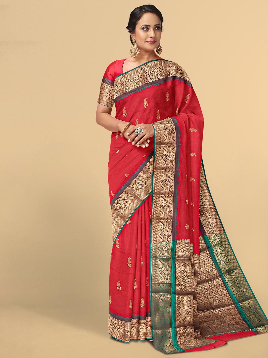 

Kalamandir Red & Green Pashmina Woven Design Saree