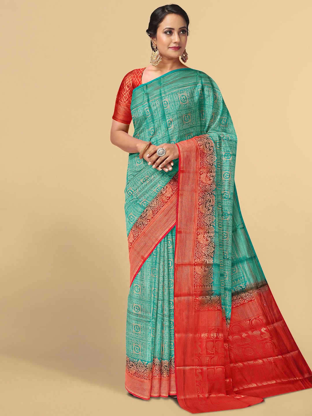 

Kalamandir Teal & Red Floral Zari Silk Blend Saree