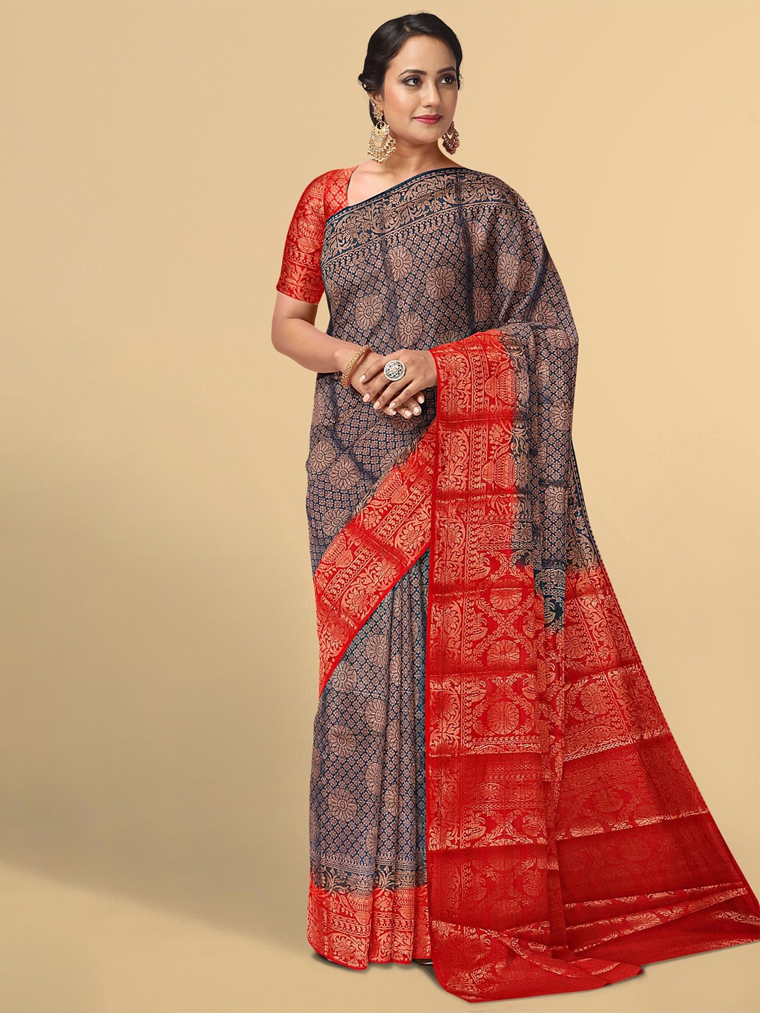 

Kalamandir Navy Blue & Red Ethnic Motifs Zari Silk Blend Saree