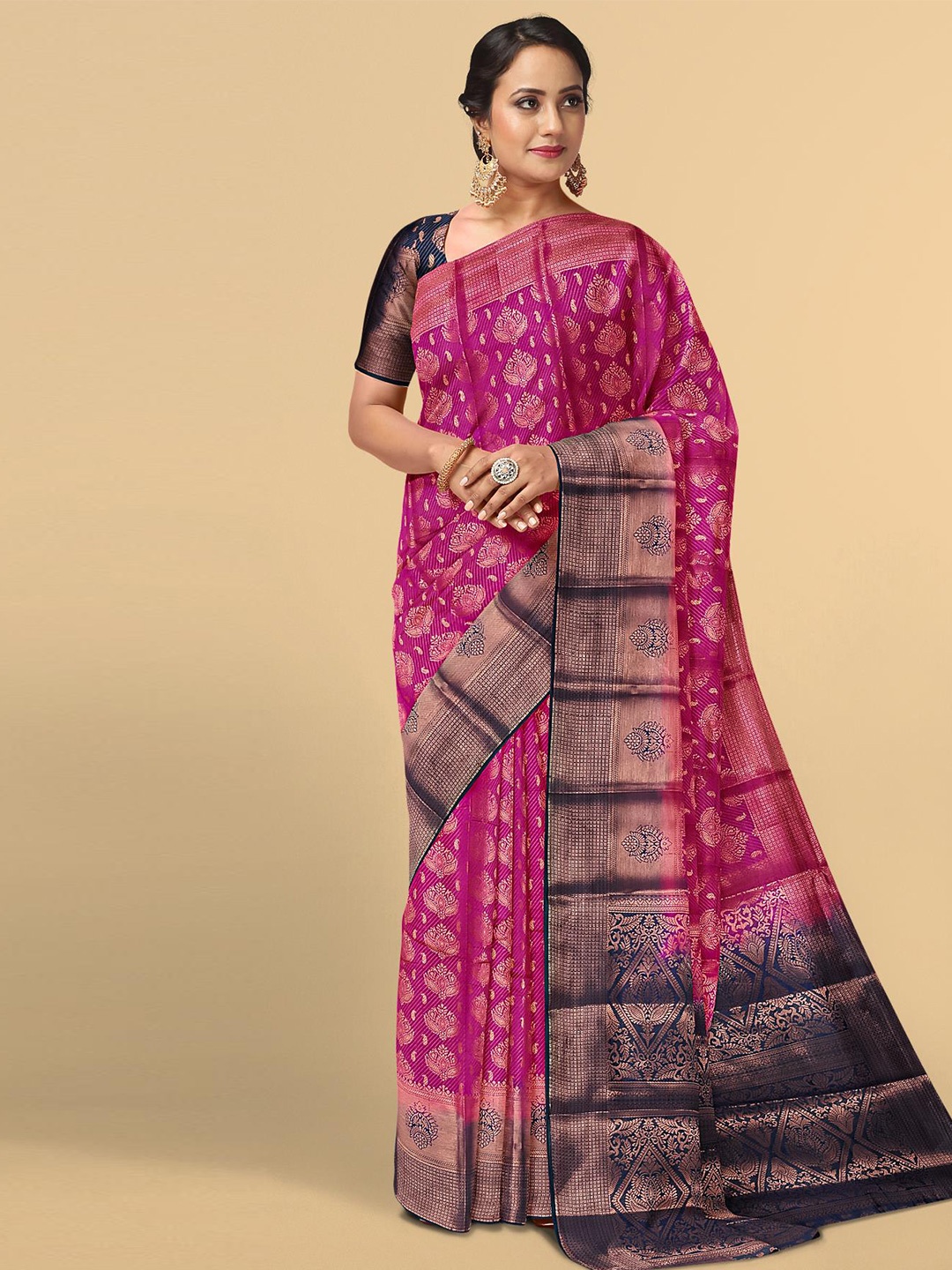 

Kalamandir Pink & Navy Blue Woven Design Zari Silk Blend Saree