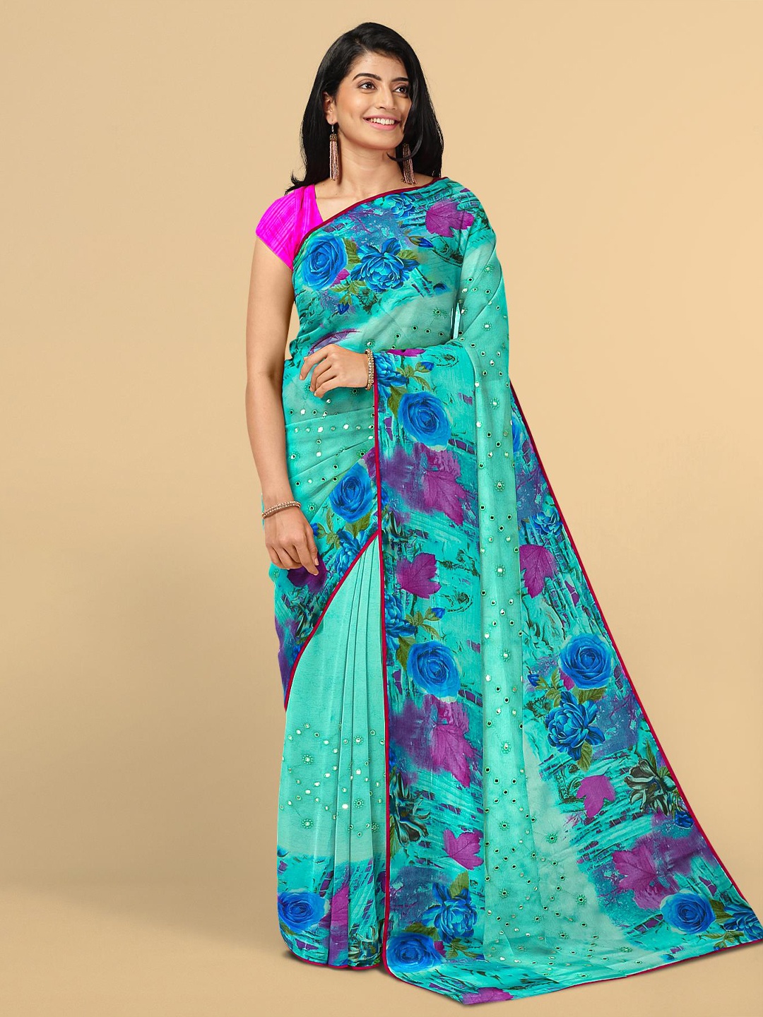 

Kalamandir Blue & Purple Floral Mirror Work Silk Blend Saree