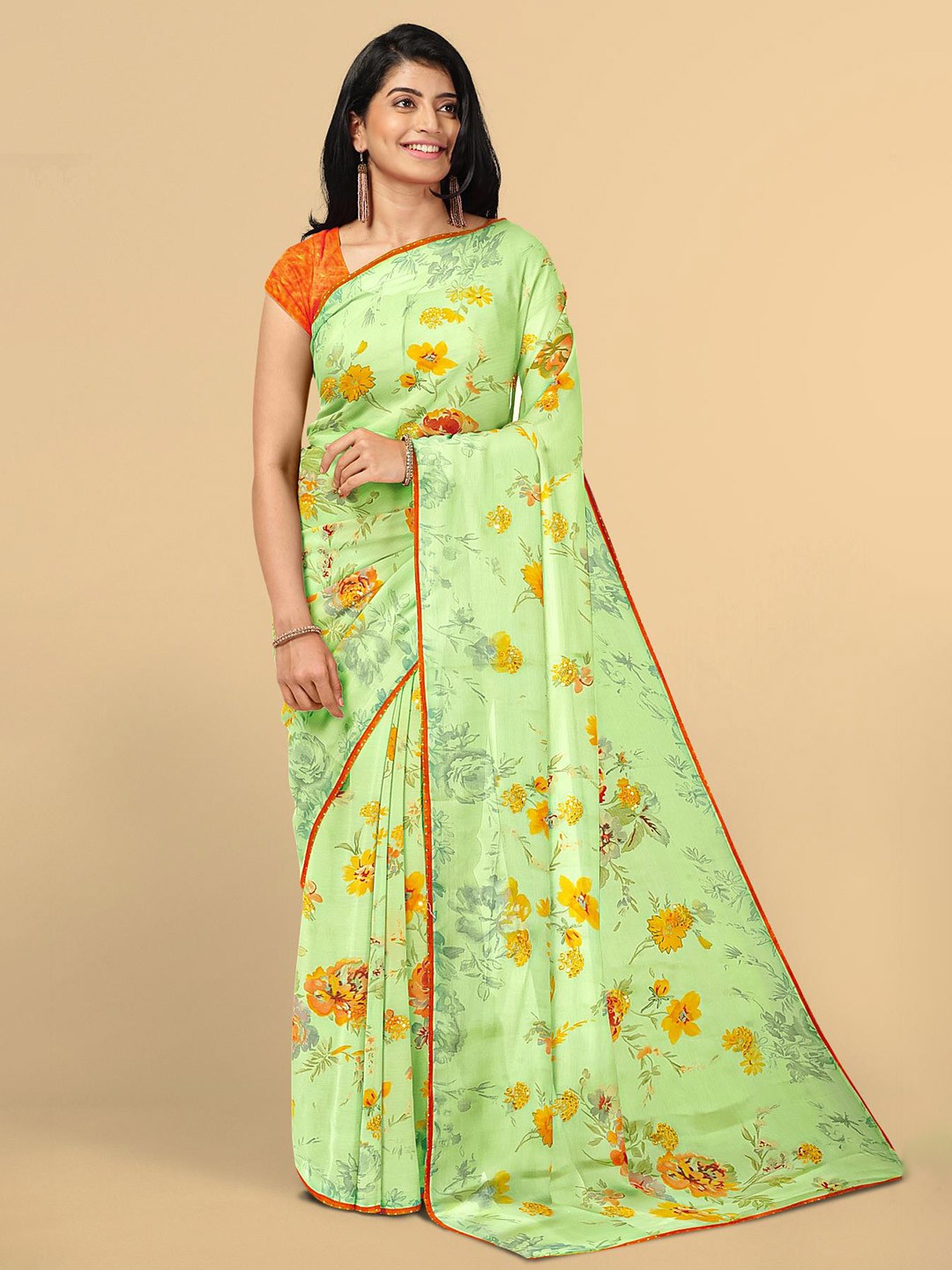

Kalamandir Green & Orange Floral Printed Silk Blend Saree
