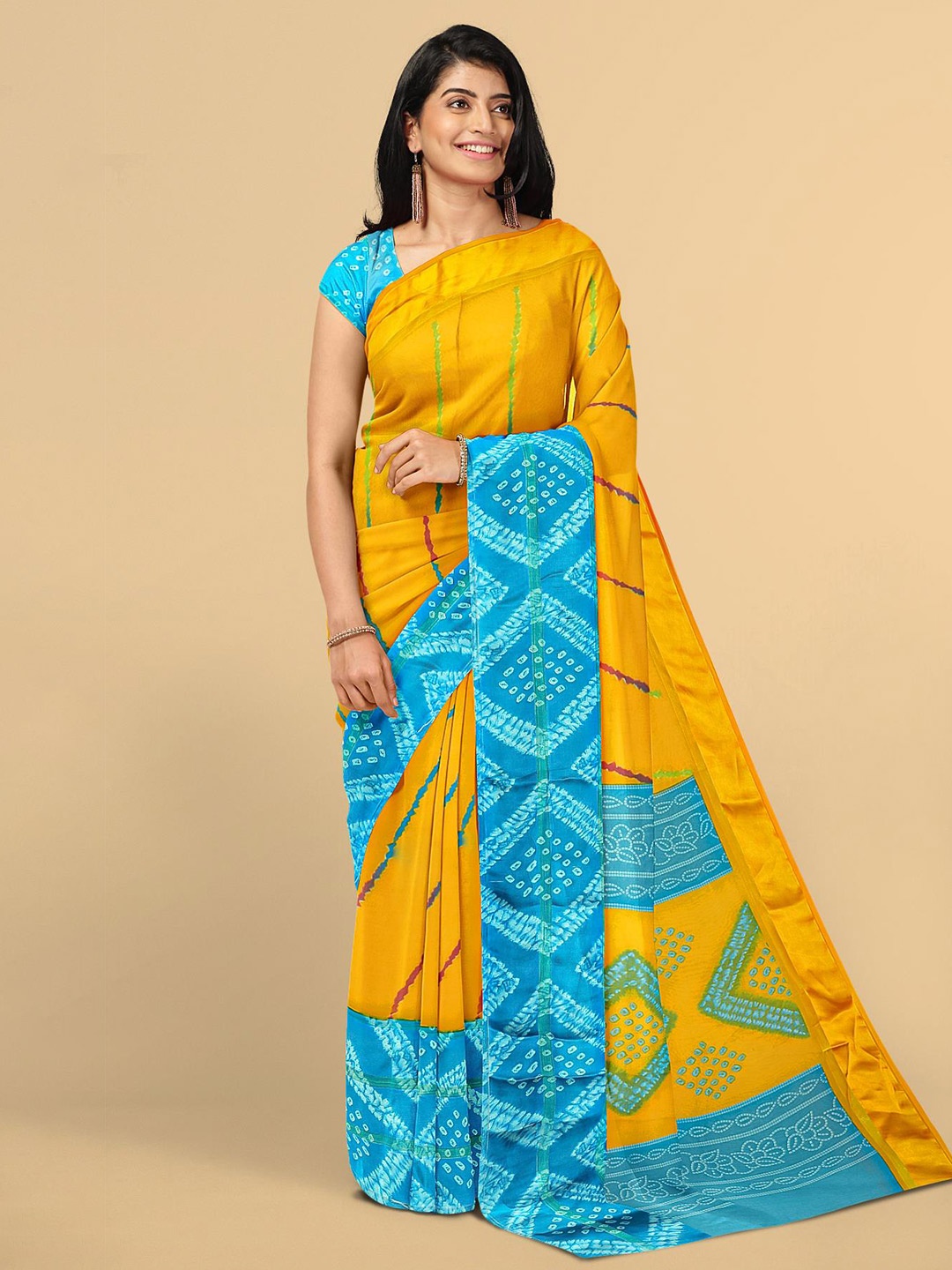 

Kalamandir Mustard & Blue Printed Poly Georgette Bandhani Saree