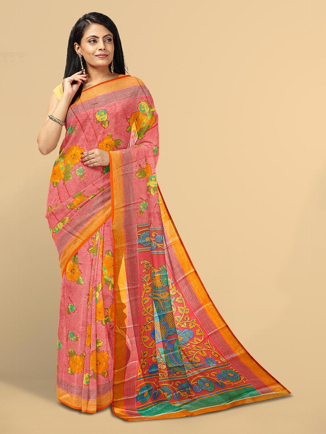 

Kalamandir Peach-Coloured & Orange Floral Silk Blend Saree