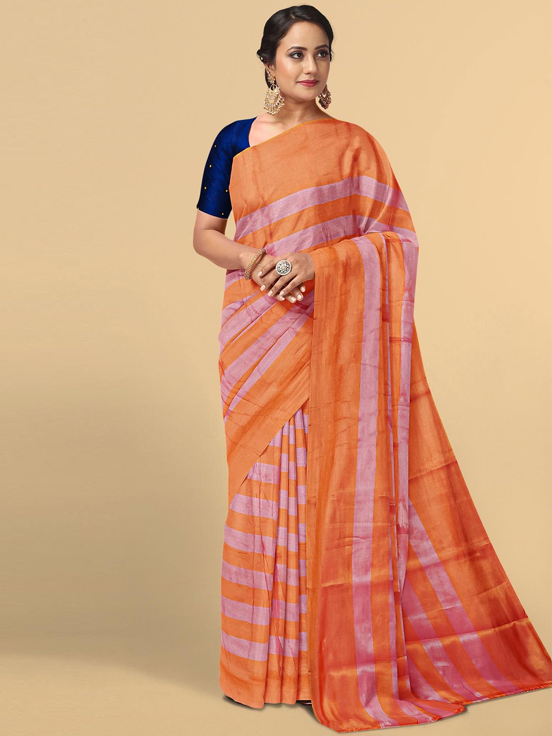 

Kalamandir Peach-Coloured Striped Zari Tissue Saree