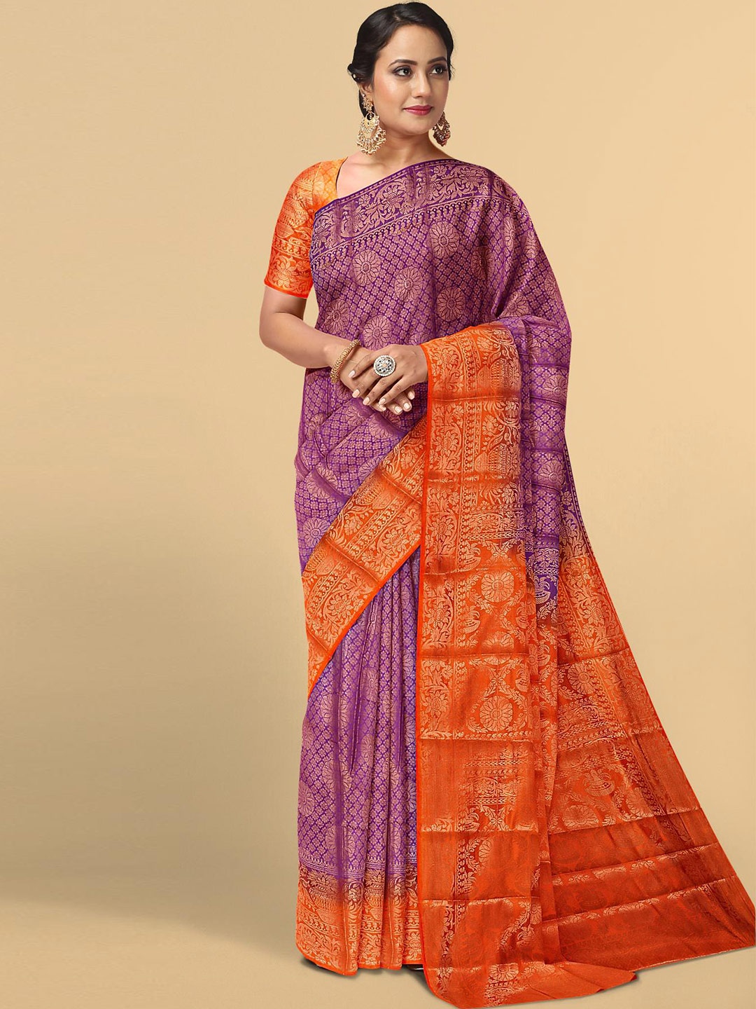 

Kalamandir Purple & Orange Floral Zari Silk Blend Saree