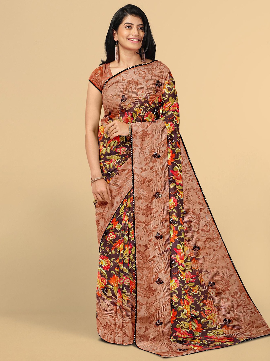 

Kalamandir Women Dark Brown & Orange Floral Print Silk Blend Saree