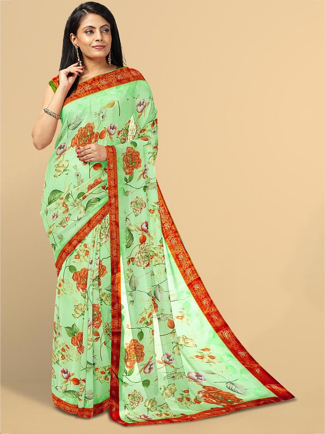 

Kalamandir Green & Red Floral Zari Detail Poly Georgette Saree