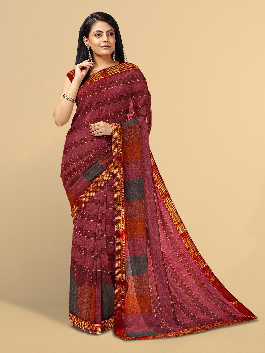 

Kalamandir Magenta & Green Poly Georgette Abstract Zari Saree