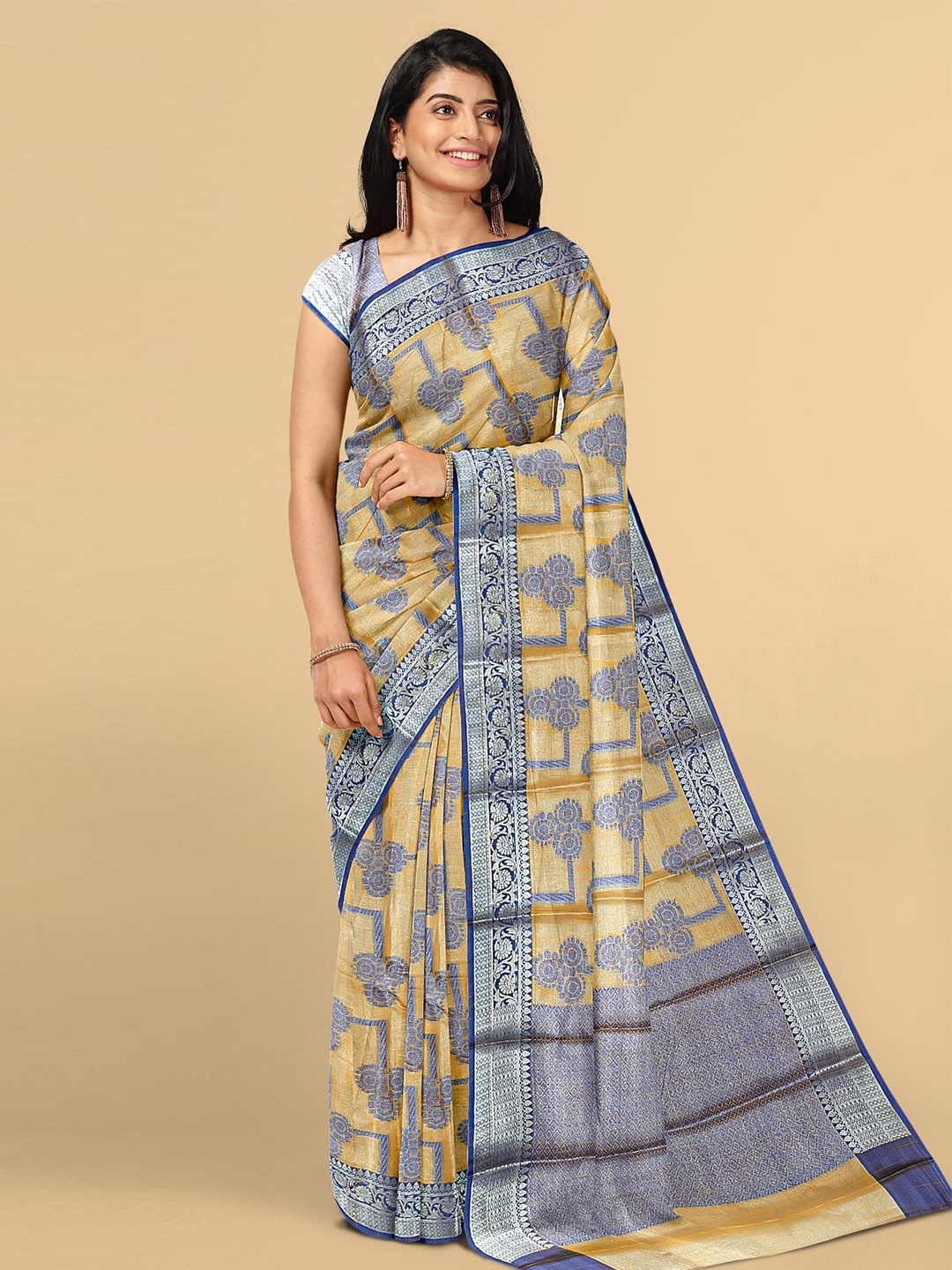 

Kalamandir Women Yellow & Blue Geometric Zari Silk Blend Saree