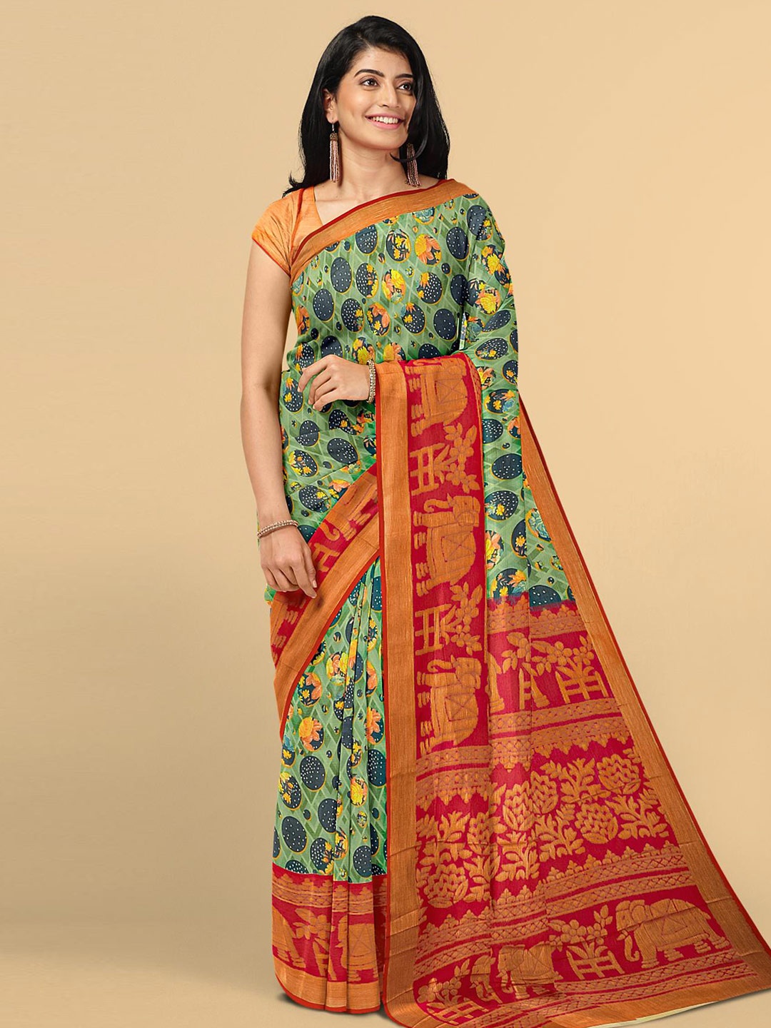 

Kalamandir Green & Red Floral Silk Blend Saree