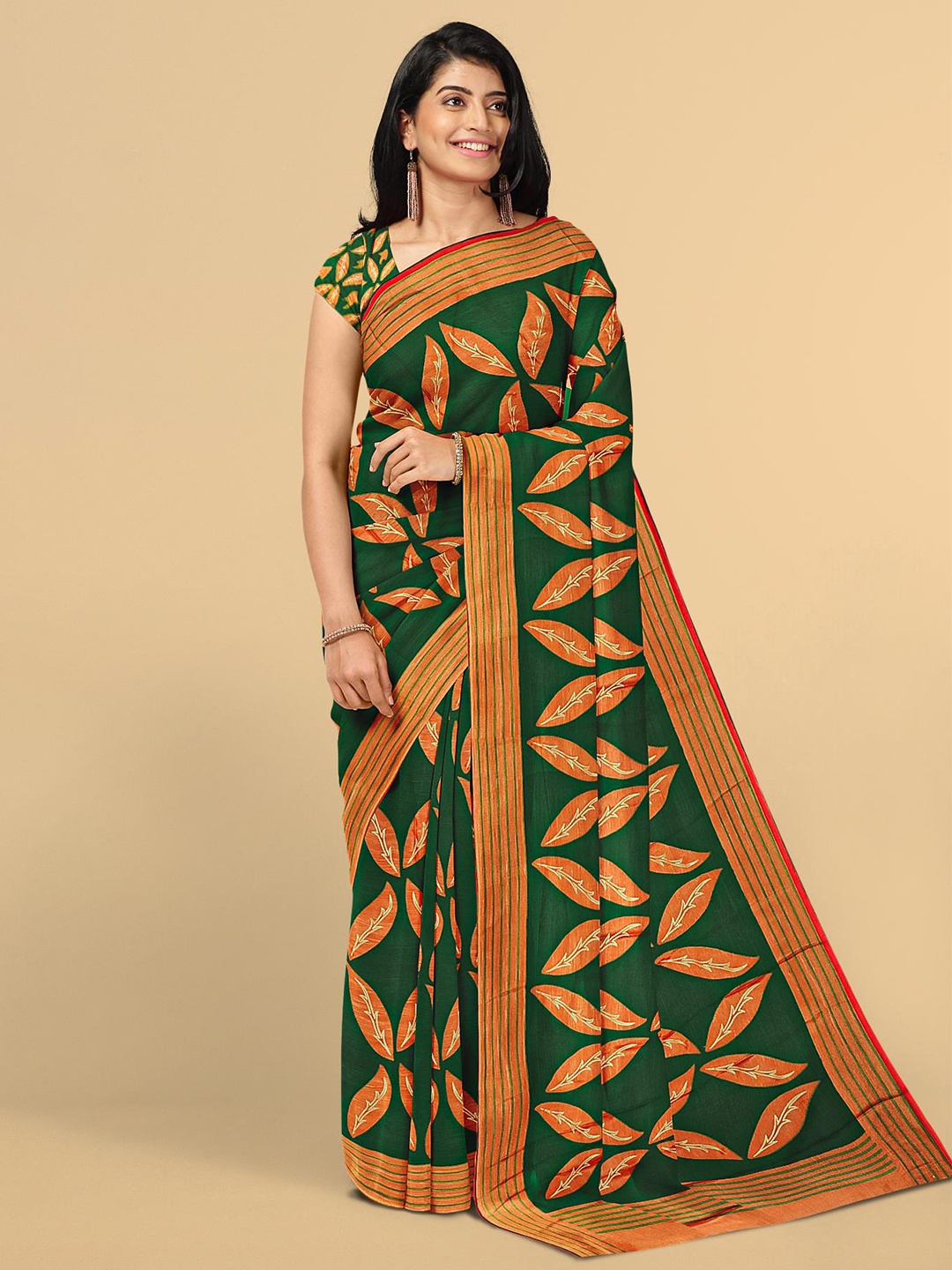 

Kalamandir Green & Orange Ethnic Motifs Silk Blend Saree