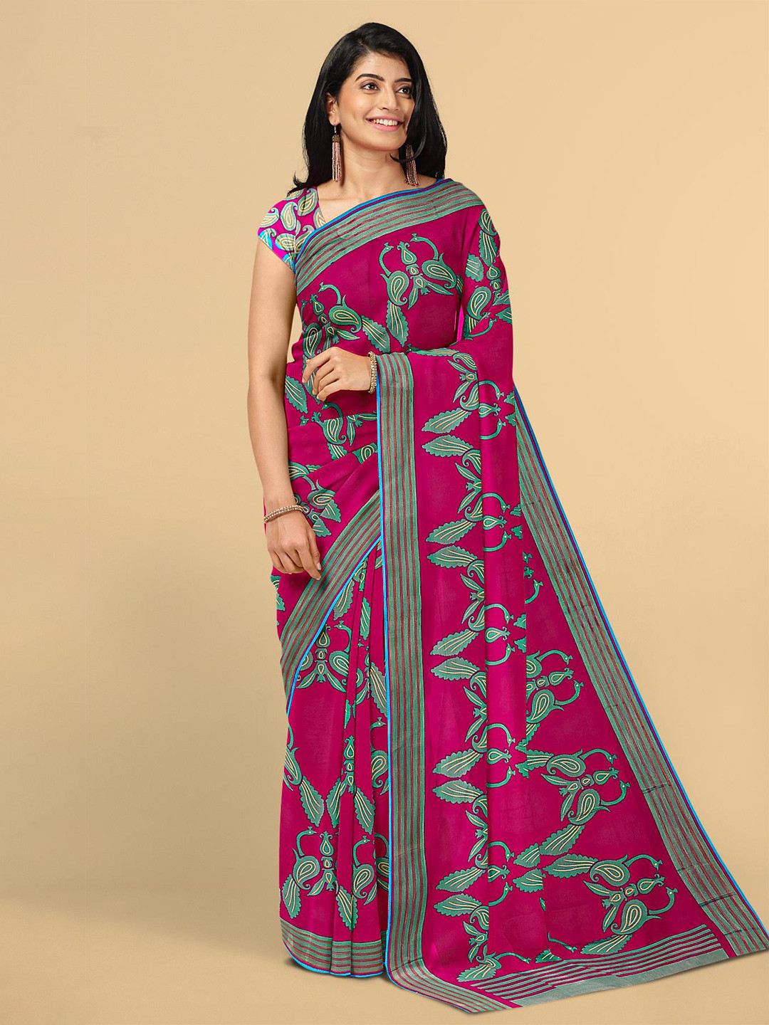 

Kalamandir Pink & Green Paisley Silk Blend Saree