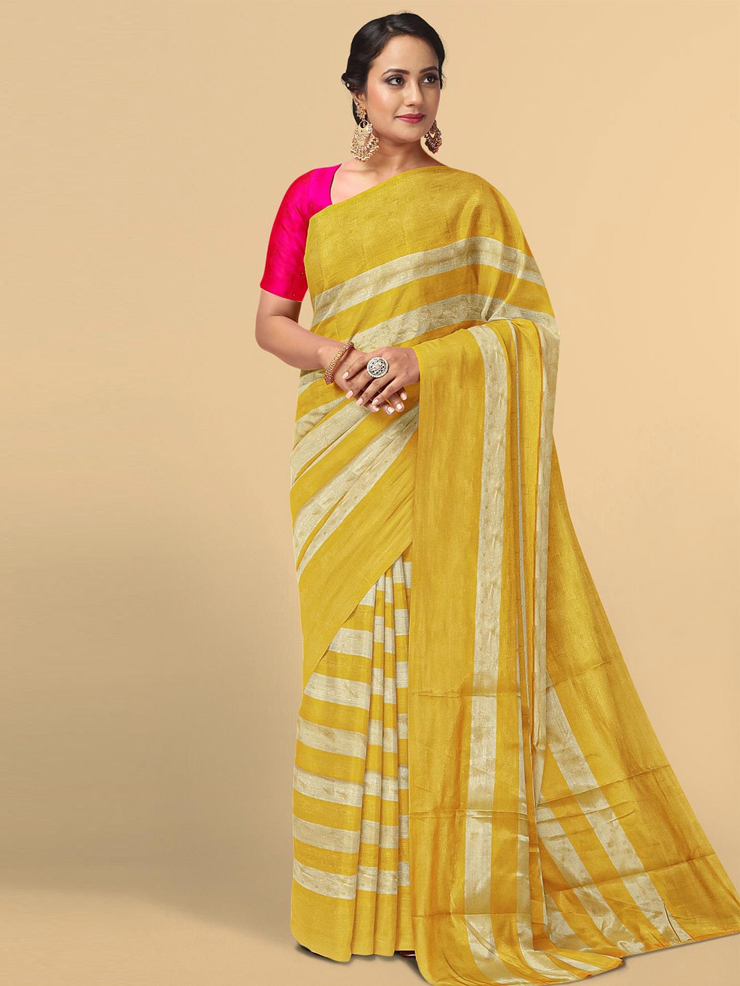 

Kalamandir Yellow & White Striped Tissue Saree