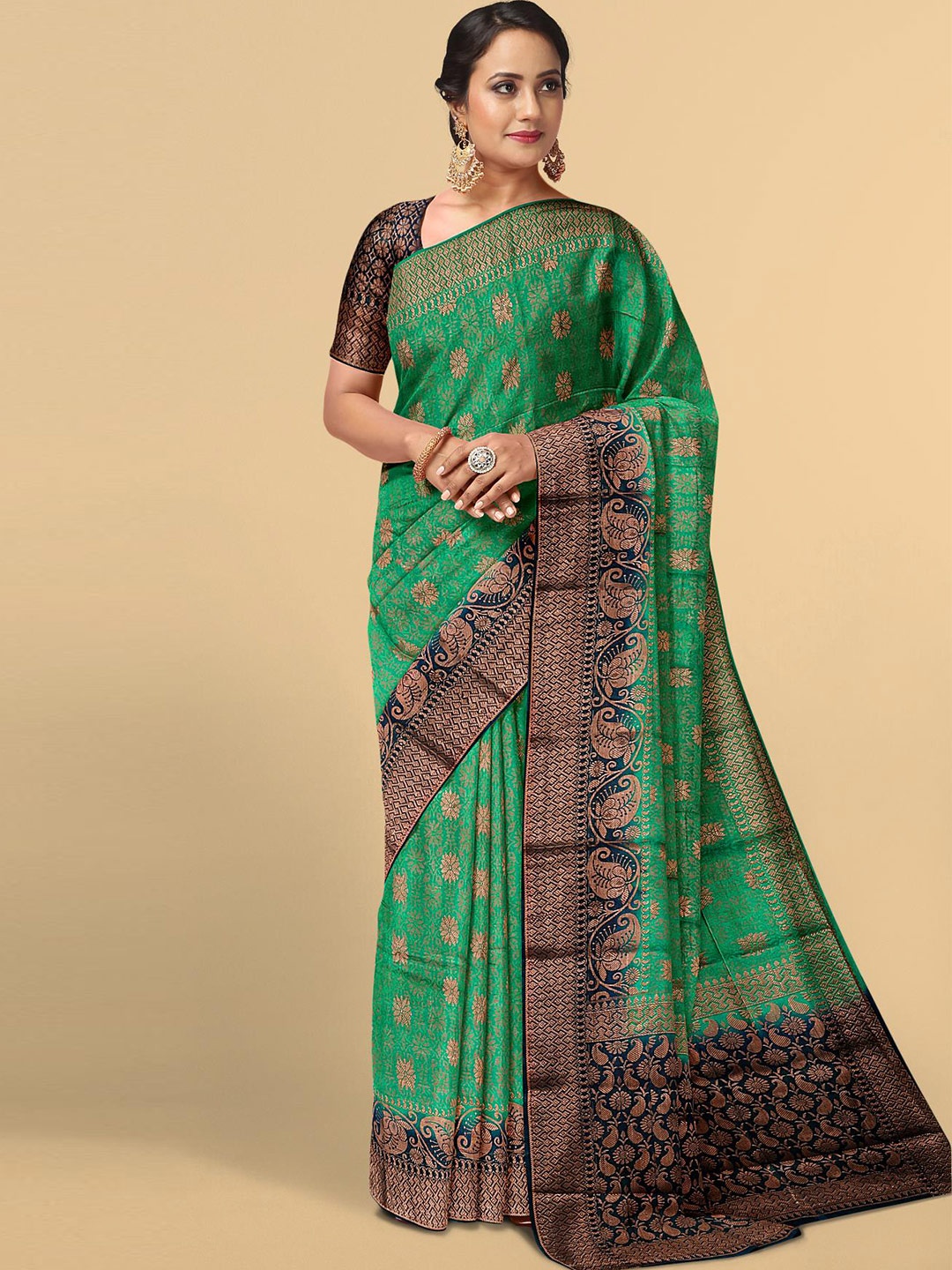 

Kalamandir Green & Navy Blue Floral Silk Blend Saree
