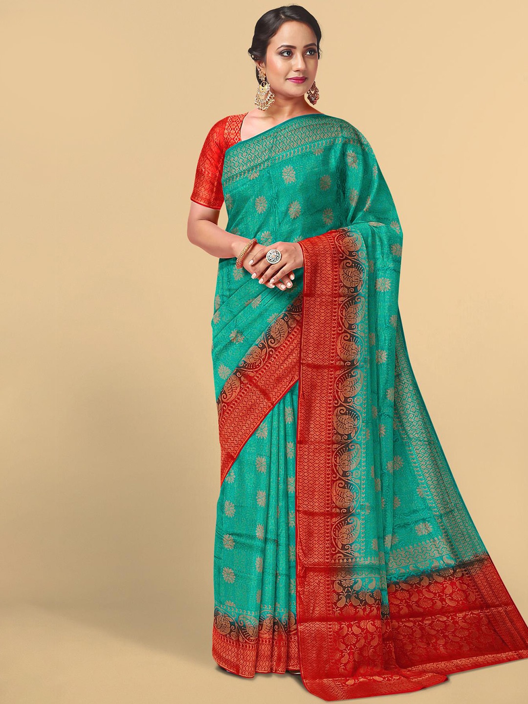 

Kalamandir Teal & Red Ethnic Motifs Zari Silk Blend Saree