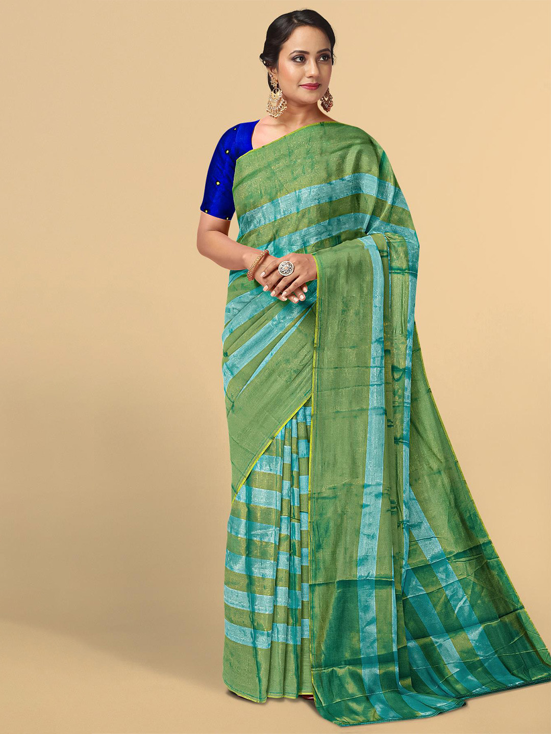 

Kalamandir Women Green & Blue Striped Tissue Saree