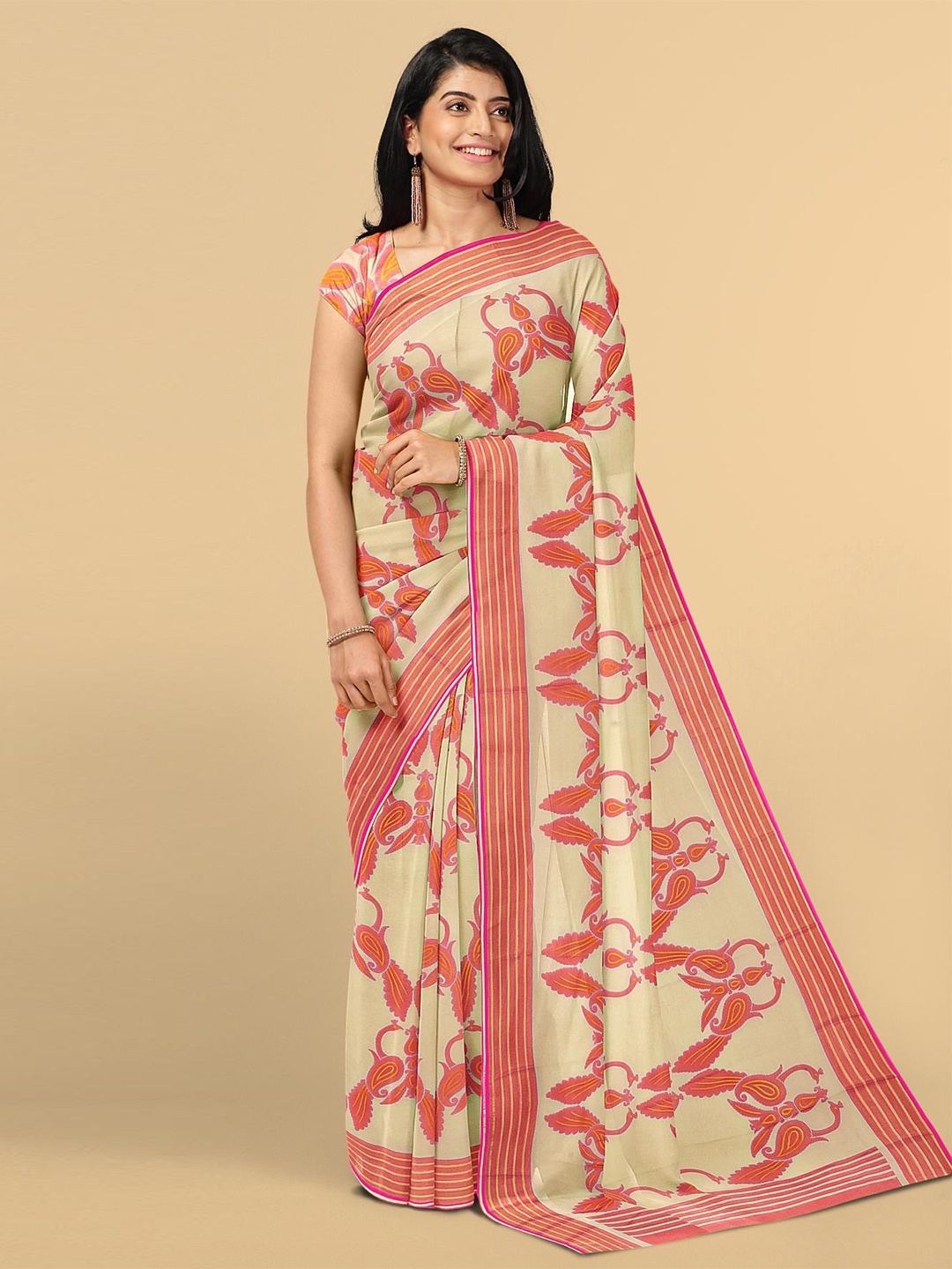 

Kalamandir Women Cream-Coloured & Pink Paisley Silk Blend Saree