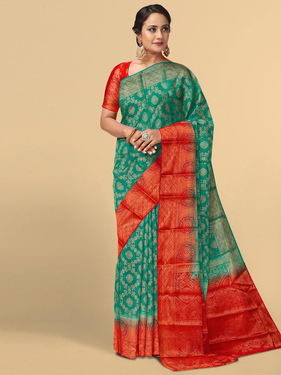 

Kalamandir Teal & Red Floral Zari Silk Blend Saree