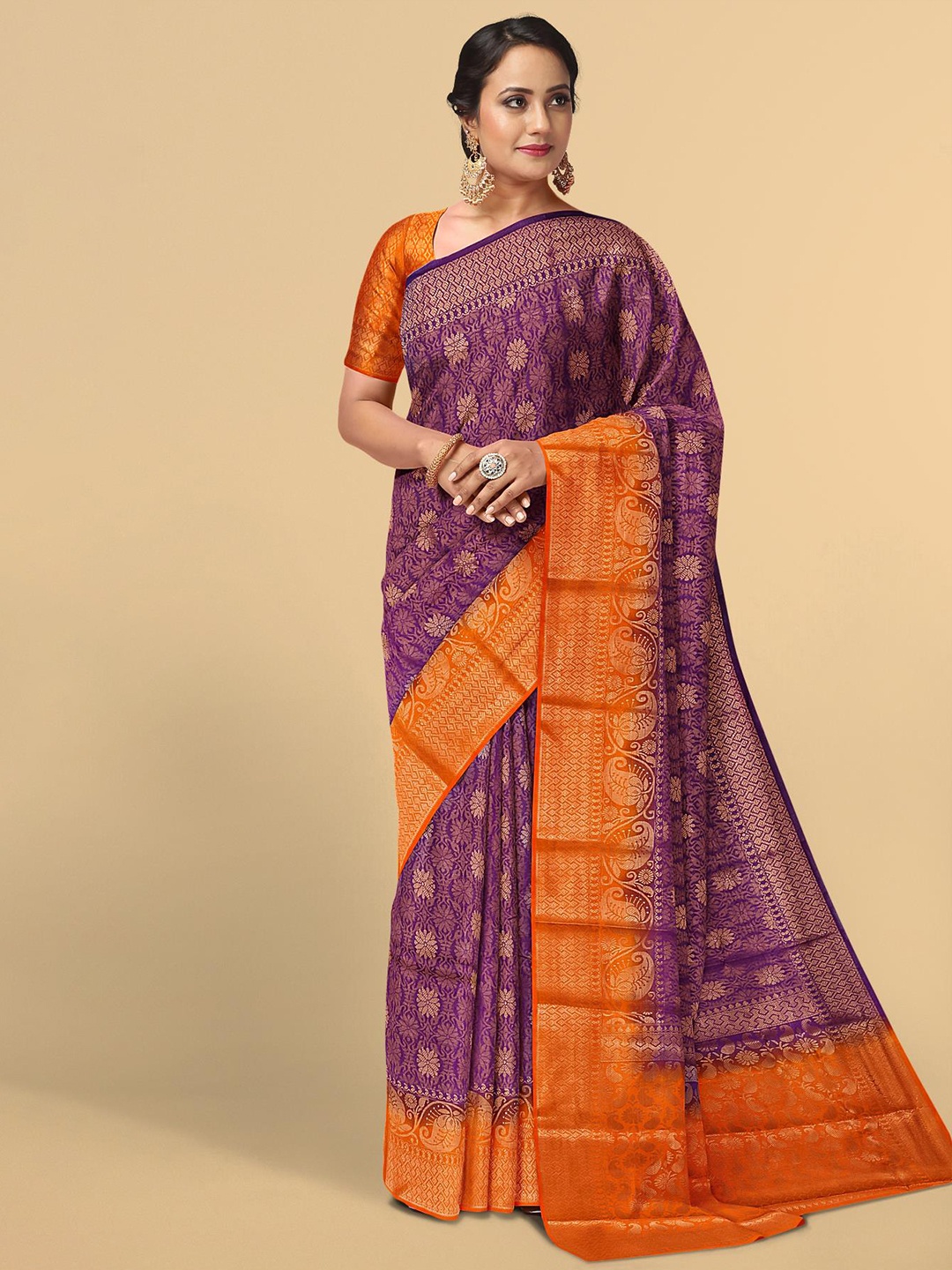 

Kalamandir Purple & Orange Floral Zari Silk Blend Saree