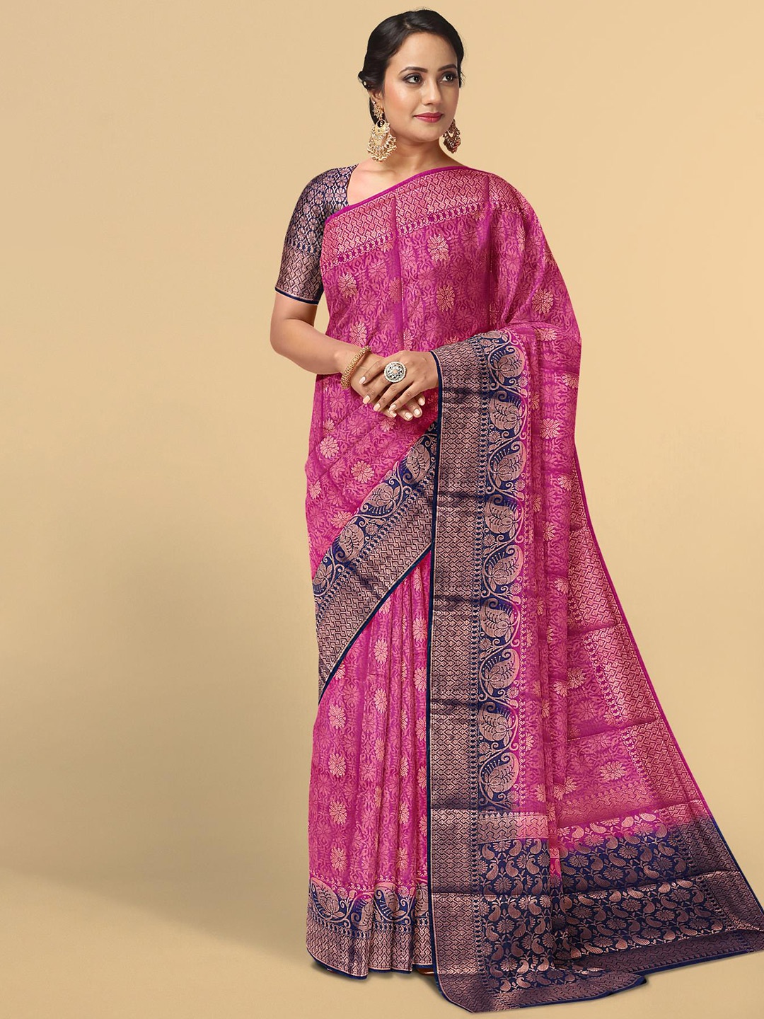 

Kalamandir Women Pink & Brown Ethnic Motifs Zari Silk Blend Saree