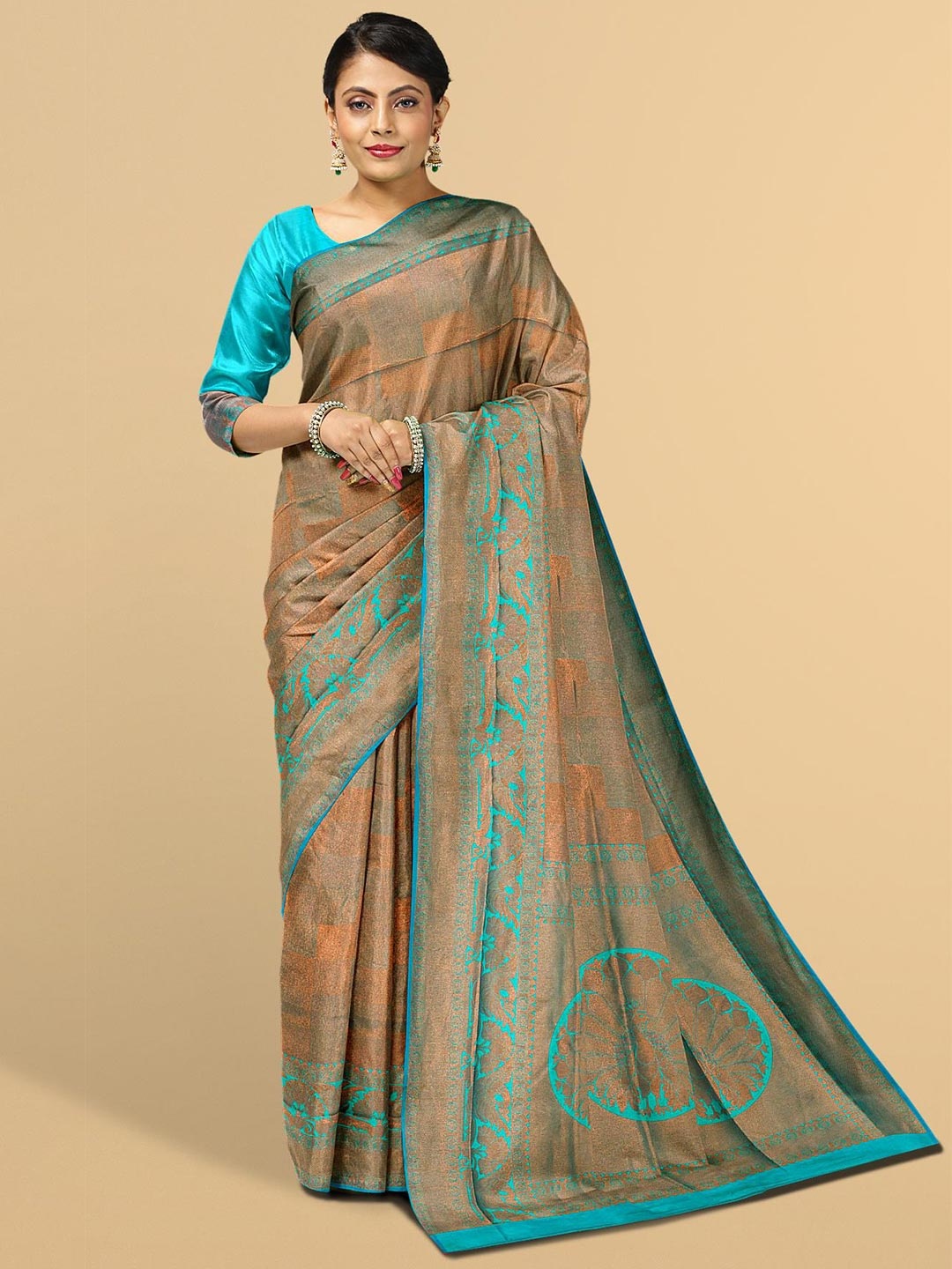 

Kalamandir Brown & Blue Printed Silk Blend Saree