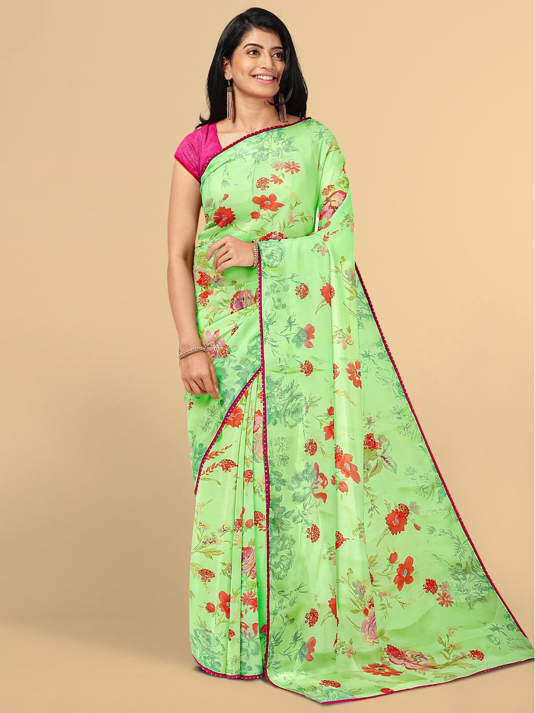 

Kalamandir Green & Red Floral Silk Blend Saree