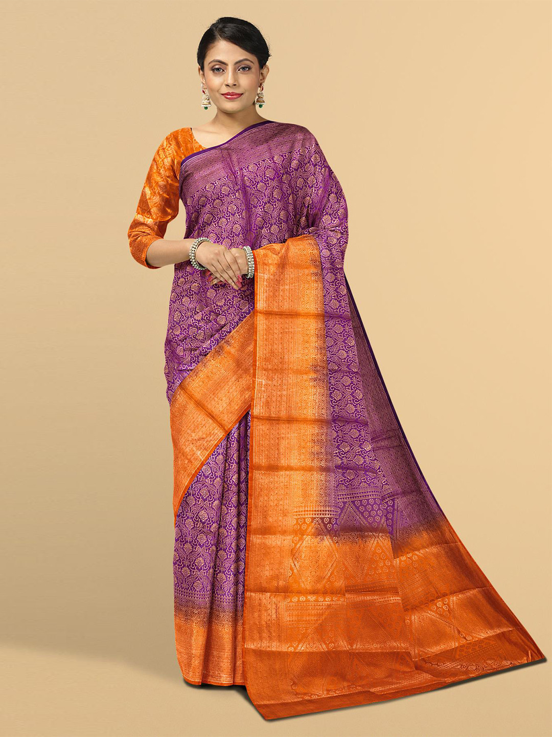

Kalamandir Women Purple & Orange Floral Silk Blend Saree