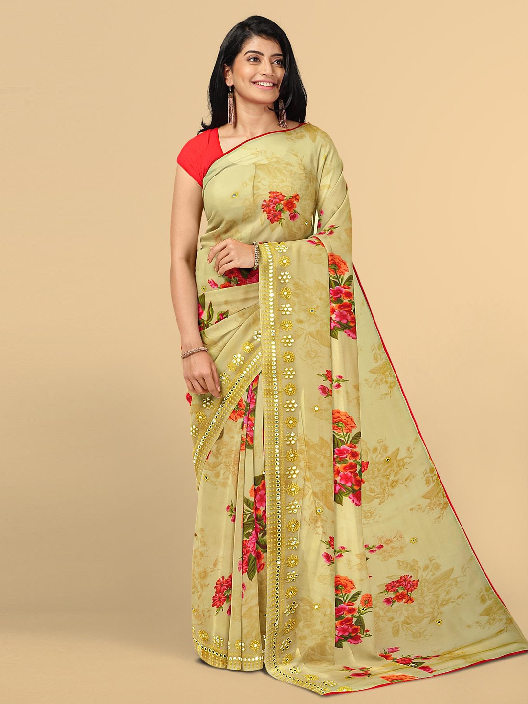 

Kalamandir Cream-Coloured & Green Floral Embroidered Poly Georgette Saree