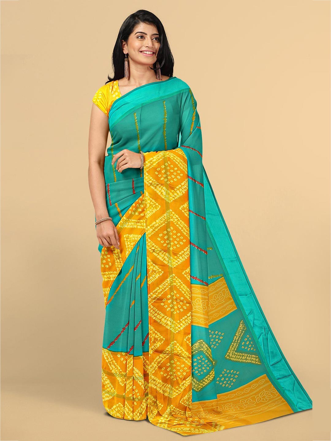 

Kalamandir Teal & Yellow Bandhani Saree