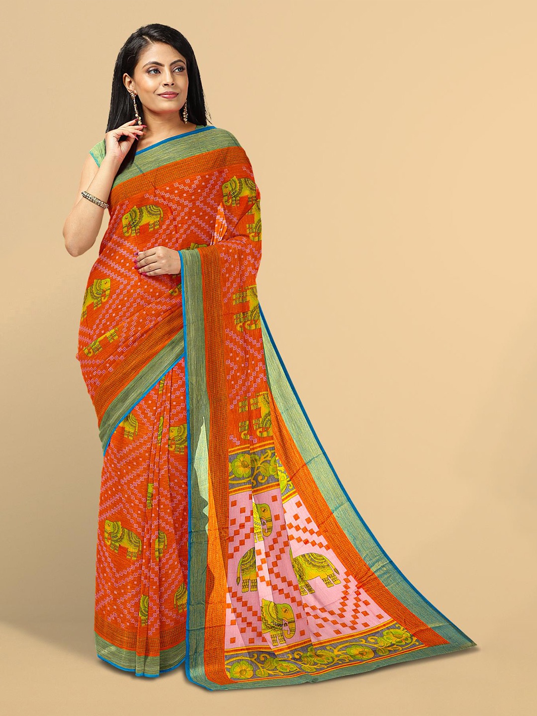 

Kalamandir Orange & Green Bandhani Silk Blend Saree