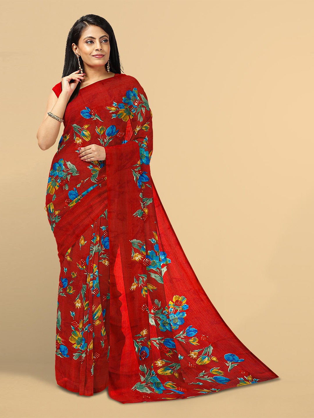 

Kalamandir Red & Blue Floral Printed Silk Blend Saree