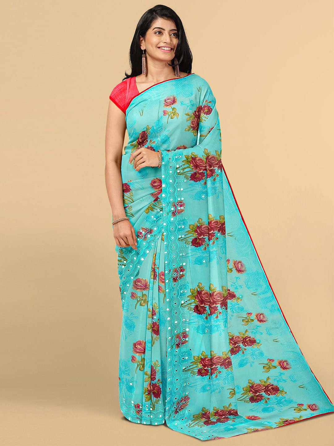 

Kalamandir Teal & Pink Floral Mirror Work Saree
