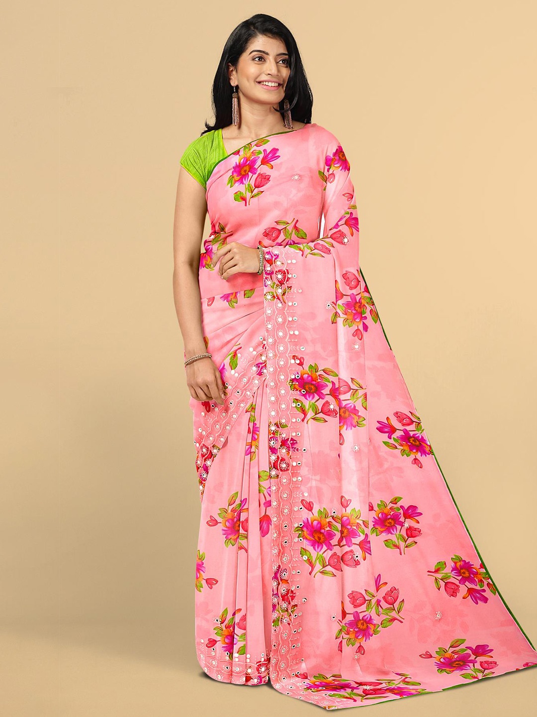 

Kalamandir Women Pink & Green Poly Georgette Floral Printed Saree