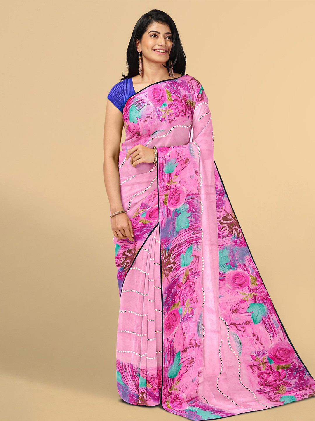 

Kalamandir Women Pink Floral Mirror Work Saree