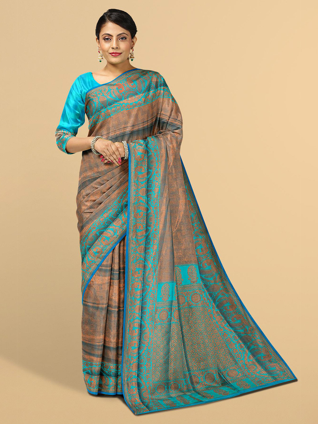 

Kalamandir Blue & Brown Ethnic Motifs Zari Silk Blend Saree