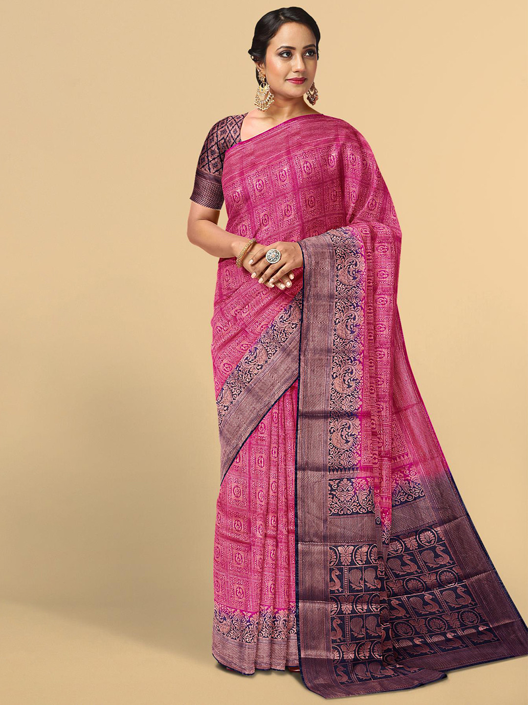 

Kalamandir Pink & Blue Floral Zari Silk Blend Saree