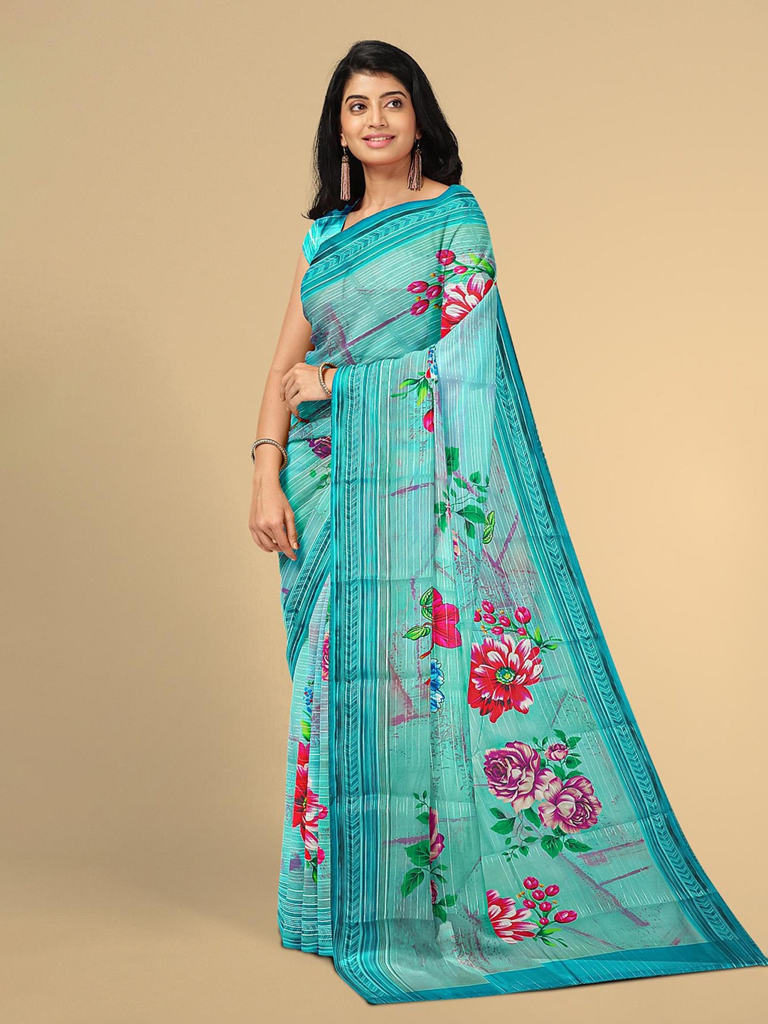 

Kalamandir Women Blue & Pink Floral Silk Blend Saree