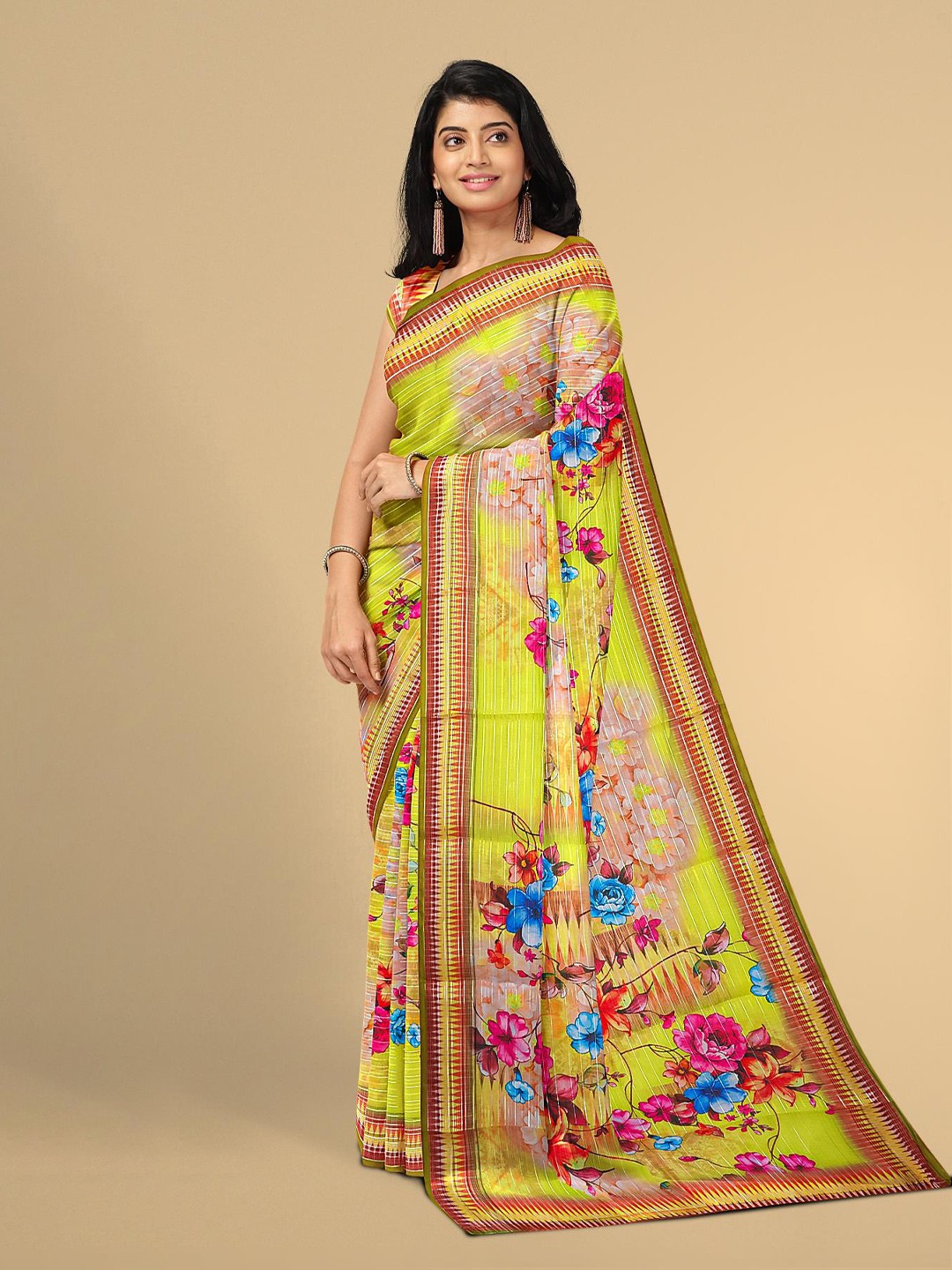 

Kalamandir Yellow & Pink Floral Silk Blend Saree